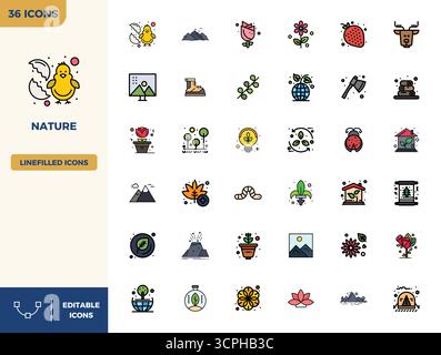 Exklusive Kollektion von 36 flachen linearen Farbvektoren für die Natur, entwickelt mit einer perfekten Auflösung von 128x128 PIXELN für erstklassige Markenerlebnisse. Stock Vektor