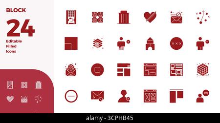 Kuratiertes Paket mit 24 128x128 Vektorsymbolen in Glyph-gefülltem Design, zentriert um Blockkonzepte mit perfekter PIXELKLARHEIT. Stock Vektor