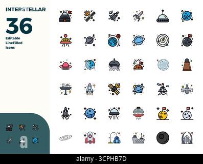 Entdecken Sie ein Set von 36 Duotone-Vektorsymbolen, die für das Interstellar-Thema entwickelt wurden und perfekte Designs mit 128x128 PIXELN bieten, ideal für moderne UI/UX-Projekte. Stock Vektor