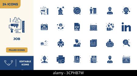 Unverkennbares Paket mit 24 PIXEL Perfect Vektor-Ikonen, inspiriert von Job, im gefüllten Format in 128x128 für unvergessliche Markenerlebnisse. Stock Vektor