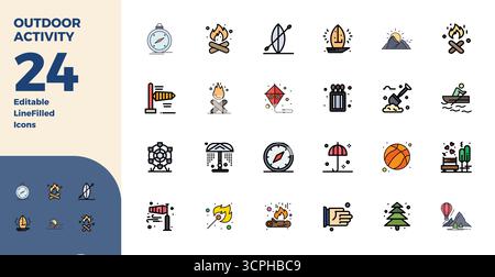 Außergewöhnliche Sammlung von 24 Duotone-Vektorsymbolen für Outdoor-Aktivitäten, mit einer perfekten Auflösung von 128x128 PIXELN für unvergleichliche visuelle Exzellenz Stock Vektor