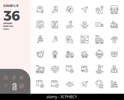 Vektorpaket mit 36 PIXELN in fettgedruckter Linie, inspiriert von Courier, geliefert in einer Auflösung von 128x128, ideal für skalierbare und kreative Designarbeiten. Stock Vektor