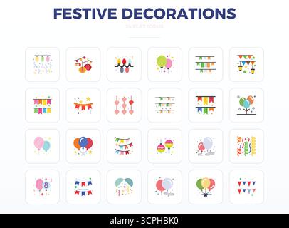 Meisterhaft gestaltete 24 Vektorsymbole, die festliche Dekorationen im Minimal Flat-Design darstellen, mit einer Auflösung von 128x128 PIXELN für außergewöhnliche Eindrücke Stock Vektor