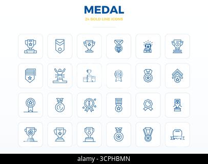 Die ultimative Sammlung von 24 Vektorsymbolen, die Medal in starker Outline-Ästhetik repräsentieren, optimiert mit einer perfekten Auflösung von 128x128 PIXELN für maximale Imp Stock Vektor