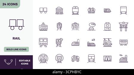 Außergewöhnliche Sammlung von 24 Heavy Line Vektor-Symbolen für Schienen, mit einer perfekten Auflösung von 128x128 PIXELN für unvergleichliche visuelle Exzellenz und uns Stock Vektor
