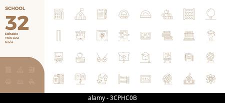 Exklusive Sammlung von 32 Thin Line Vektor-Symbolen für die Schule, entwickelt mit einer perfekten Auflösung von 128x128 PIXELN für erstklassige Markenerlebnisse. Stock Vektor
