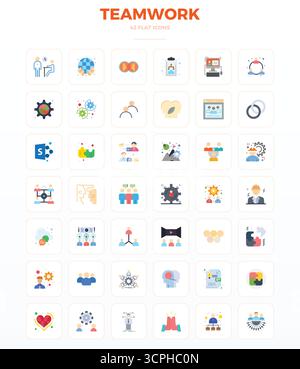 Professionell gestaltete 42 minimale flache PIXEL perfekte Vektorsymbole für Teamwork, entwickelt mit einer Auflösung von 128x128 für fehlerfreie Integration und Leistung. Stock Vektor