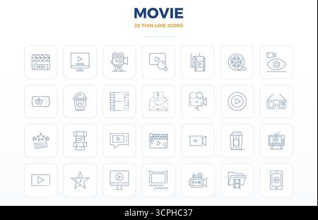 Zeitgenössische Sammlung von 28 Vektorsymbolen, die Filme in dünner Kontur darstellen, mit 128x128 PIXELN perfekter Auflösung für moderne Anwendungen Stock Vektor