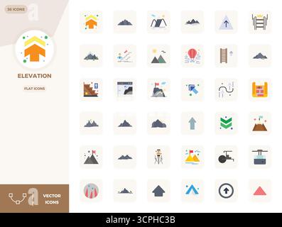 Moderne Sammlung von 36 Vektorsymbolen, die die Höhenlage in flacher Ästhetik darstellen, mit einer Auflösung von 128x128 PIXELN für moderne Anwendungen Stock Vektor