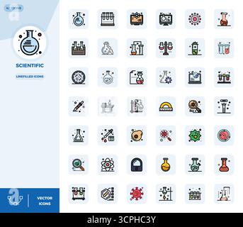 Sammlung von 42 LineFilled PIXEL Perfect Vektorsymbolen für Scientific im Format 128x128 für Klarheit und Vielseitigkeit. Stock Vektor