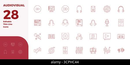 Ausgeklügeltes Paket mit 28 Thin Line Vektorsymbolen für Audiovisuelles, entwickelt mit 128x128 PIXELN perfekter Klarheit für professionelle Anwendungen. Stock Vektor