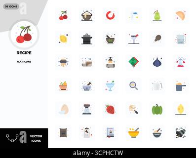 Moderne Sammlung von 36 Vektorsymbolen, die Rezept in flacher Ästhetik darstellen, mit 128x128 PIXEL perfekter Auflösung für moderne Anwendung DE Stock Vektor