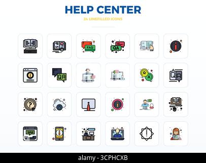 Innovatives Paket mit 24 Vektorsymbolen rund um das Help Center, das LineFill Design im perfekten Format mit 128x128 PIXELN für moderne digitale Lösungen präsentiert. Stock Vektor