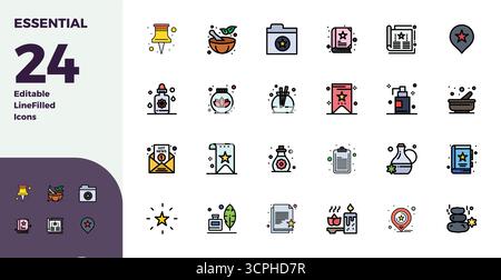 Zeitgenössische Sammlung von 24 Vektorsymbolen, die das wesentliche in Duotone-Ästhetik darstellen, mit einer perfekten Auflösung von 128x128 PIXELN für moderne Anwendungen Stock Vektor