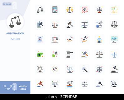 Sorgfältig gefertigte 36 flache Vektorsymbole für Arbitration, geliefert in 128x128 PIXEL perfekter Qualität für kompromisslose Designstandards. Stock Vektor