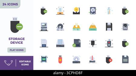 Exklusive Sammlung von 24 flachen Farbvektorsymbolen für Speichergeräte, entwickelt mit einer perfekten Auflösung von 128x128 PIXELN für erstklassige Markenerlebnisse. Stock Vektor