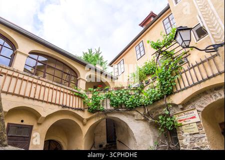 Hallstatt, Österreich - 5. Juni 2022: Ein malerischer historischer Innenhof mit charmanter Architektur, üppigem Grün, bogenförmigen Eingängen, Holzbalkonen und Stockfoto