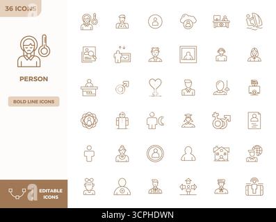 Laden Sie 36 skalierbare Heavy Line Vektorsymbole herunter, die speziell für Personen entwickelt wurden und eine PIXEL perfekte Auflösung von 128x128 bieten, die für professionelle und kreative PR-Anwendungen geeignet ist Stock Vektor