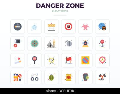 Sorgfältig zusammengestellte 24 minimale flache Vektorsymbole für Gefahrenzone mit einer perfekten Auflösung von 128x128 PIXELN für konsistente Markendarstellung und Verwendung Stock Vektor