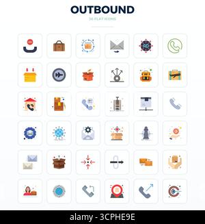 Erstklassige Sammlung von 36 minimalen flachen Vektorsymbolen für Outbound, akribisch in einer perfekten Auflösung von 128x128 PIXELN für überragende visuelle Wirkung. Stock Vektor