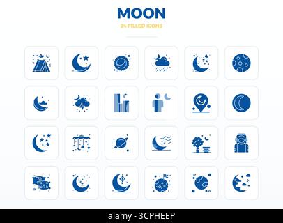 Zukunftsweisendes Paket mit 24 Vektorsymbolen rund um den Mond, das SolidFill-Design mit 128x128 PIXELN für innovative Benutzeroberflächen präsentiert Stock Vektor
