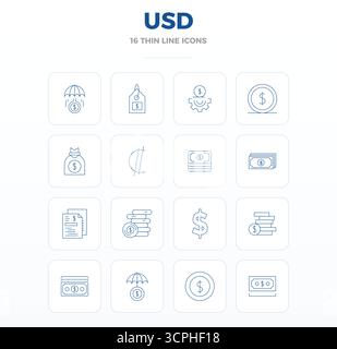 Ausgeklügeltes Paket mit 16 dünnen Konturvektorsymbolen für USD, entwickelt mit 128x128 PIXELN perfekte Klarheit für professionelle Anwendungen. Stock Vektor