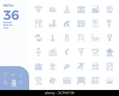 Dieses Metallvektor-Icon-Paket enthält 36 Bold Line-Designs im perfekten Format mit 128x128 PIXELN, perfekt für die Verbesserung digitaler Schnittstellen. Stock Vektor