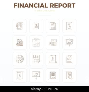 Zeitgenössische Sammlung von 16 Vektorsymbolen, die Finanzberichte in dünner Kontur darstellen, mit 128x128 PIXEL perfekter Auflösung für Mod Stock Vektor