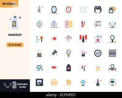 Optimierter Satz von 36 Vektorsymbolen für Make-up in flacher Farbe, mit einer perfekten Auflösung von 128x128 PIXELN für nahtlose Benutzererfahrungen. Stock Vektor