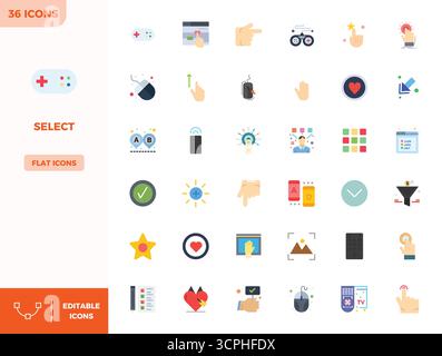 Premium-Kollektion von 36 Flat Color Vektor-Symbolen für Select, akribisch gefertigt in einer perfekten Auflösung von 128x128 PIXELN für überragende visuelle Wirkung. Stock Vektor
