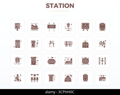 Zukunftsweisendes Paket mit 24 Vektorsymbolen rund um Station zeigt das SolidFill-Design mit 128x128 PIXEL perfekter Klarheit für innovative Benutzerinterfa Stock Vektor