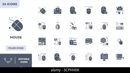 Optimieren Sie Ihre Projekte mit 24 gefüllten Vektorsymbolen rund um die Maus, mit einer perfekten Auflösung von 128x128 PIXELN, ideal für saubere und professionelle des Stock Vektor