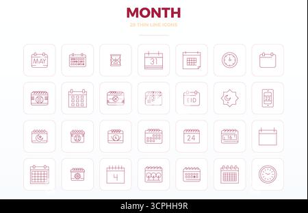 Umfassendes Toolkit mit 28 Vektorsymbolen rund um den Monat, entwickelt in Thin Outline mit 128x128 PIXELN perfekte Präzision für vielseitige Designanwendungen Stock Vektor