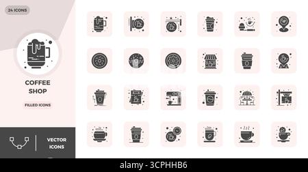 Erweiterte Sammlung von 24 PIXEL Perfect Vektor-Symbolen, inspiriert vom Coffee Shop, mit 128x128-Optimierung für überragende visuelle Leistung Stock Vektor