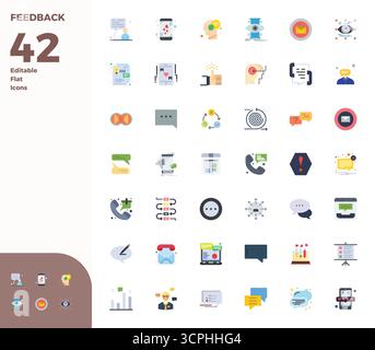 Laden Sie 42 skalierbare flache Vektorsymbole herunter, die für Feedback entwickelt wurden. Sie bieten eine PIXEL-perfekte Auflösung von 128x128, die für professionelle und kreative Projekte geeignet ist Stock Vektor