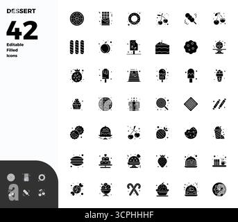 Entdecken Sie ein Set von 42 Glyph-gefüllten Vektorsymbolen, die speziell für das Dessert-Thema entwickelt wurden, mit 128x128 PIXELN, ideal für moderne UI/UX-Projekte. Stock Vektor
