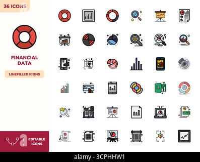 Perfekt ausbalancierte 36 flache lineare FARBPIXEL perfekte Vektorsymbole für Finanzdaten, Größe 128x128 für harmonische Integration in digitales Design p Stock Vektor