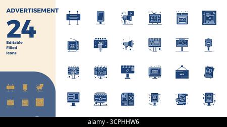Essentielles Paket mit 24 PIXEL Perfect Vektorsymbolen für Werbung im Glyph-gefüllten Format, Größe 128x128 für optimale Leistung und Skalierbarkeit. Stock Vektor