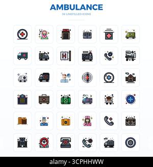 Laden Sie 36 skalierbare LineFill-Vektorsymbole für den Rettungsdienst herunter, die mit einer Auflösung von 128x128 PIXELN perfekt für professionelle und kreative Anwendungen geeignet sind Stock Vektor