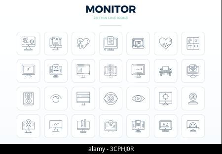 Dieses Set von 28 dünnen Vektorsymbolen erfasst Monitordesigns in perfekter Qualität mit 128x128 PIXELN, perfekt für technische und geschäftliche Anwendungen. Stock Vektor
