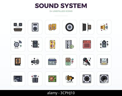 Branchenführende Packung mit 24 LineFill PIXEL Perfect Vektor-Symbolen für Soundsystem, Größe 128x128 für optimales Rendering und hervorragende Benutzeroberflächen Stock Vektor
