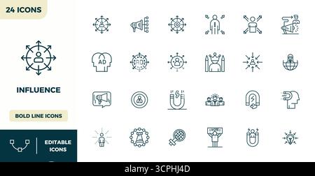 Zukunftsweisendes Paket mit 24 Vektorsymbolen rund um Einfluss, das Heavy Line Design mit 128x128 PIXEL perfekte Klarheit für innovative Benutzerinte zeigt Stock Vektor