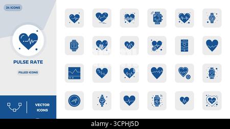 Umfassendes Toolkit mit 24 Vektorsymbolen rund um die Pulsfrequenz, entwickelt mit perfekter Präzision von 128x128 PIXELN für vielseitige Design-Anwendungen Stock Vektor