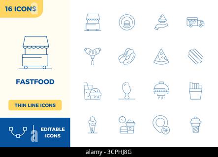 Dieses Fastfood-Vektor-Icon-Paket enthält 16 Minimal Line-Designs im perfekten Format mit 128x128 PIXELN, perfekt für die Verbesserung digitaler Schnittstellen. Stock Vektor