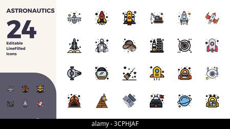 Unverzichtbares Paket mit 24 PIXEL Perfect Vektor-Symbolen für die Raumfahrt im Duotone-Format, Größe 128x128 für optimale Leistung und Skalierbarkeit. Stock Vektor