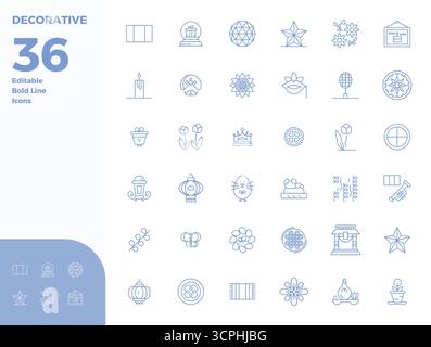 Zeitgenössische Sammlung von 36 Vektorsymbolen, die Dekorative in Bold Line-Ästhetik darstellen, mit 128x128 PIXEL perfekter Auflösung für moderne Anwendungen Stock Vektor