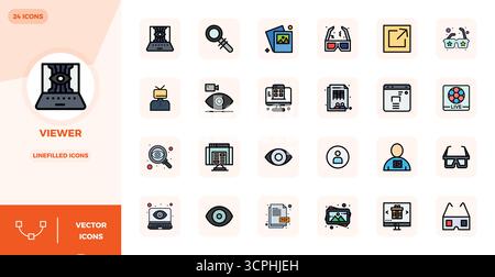 Meisterhaft erstellte 24 Vektorsymbole, die den Viewer im LineFilled Design darstellen, mit einer perfekten Auflösung von 128x128 PIXELN für außergewöhnliche visuelle Qualität Stock Vektor