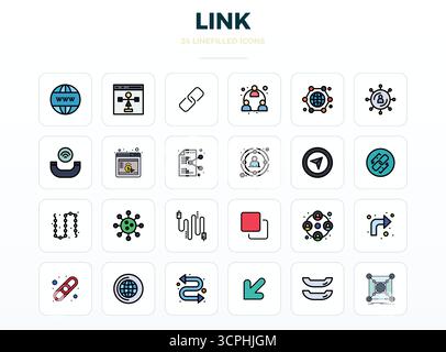 Professionelle Sammlung von 24 LineFill-Vektorsymbolen, die Link darstellen, gefertigt mit 128x128 PIXELN perfekter Präzision für Unternehmensanwendungen. Stock Vektor