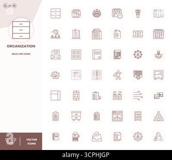 Diese Kollektion bietet 42 PIXEL Perfect Vektorsymbole mit fettgedruckter Linie, die speziell auf das Organisationsdesign zugeschnitten sind und im Format 128x128 für digitales Design optimiert sind. Stock Vektor