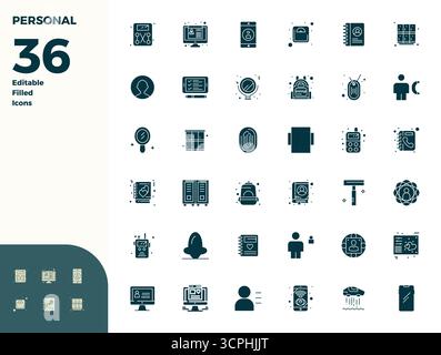 Akribisch gefertigte 36 Glyph gefüllte Vektorsymbole für Personal, geliefert in 128x128 PIXEL perfekter Qualität für kompromisslose Designstandards. Stock Vektor